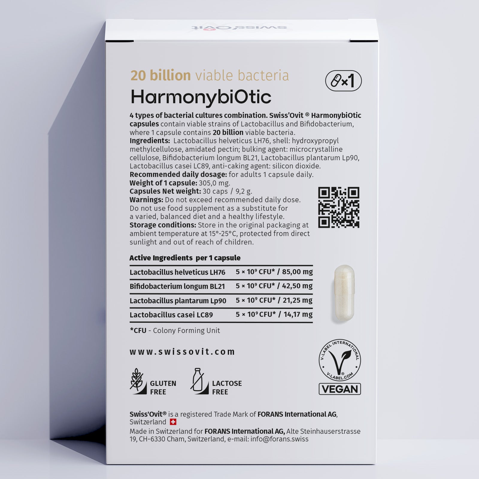 Swissovit Harmonybiotics supplement back view of box, detailing probiotics' benefits for gut health and overall wellness.