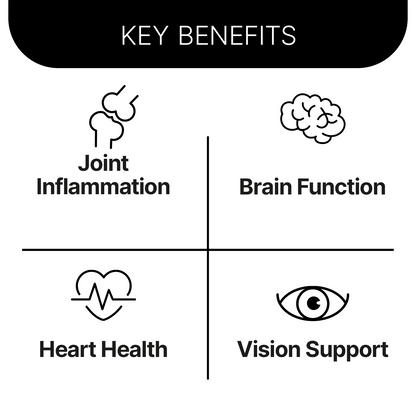 Omega-3 TG 600 mg Fish Oil by SwissOvit, highlighting key benefits: joint inflammation relief, brain function support, heart health, and vision support with simple icons.
