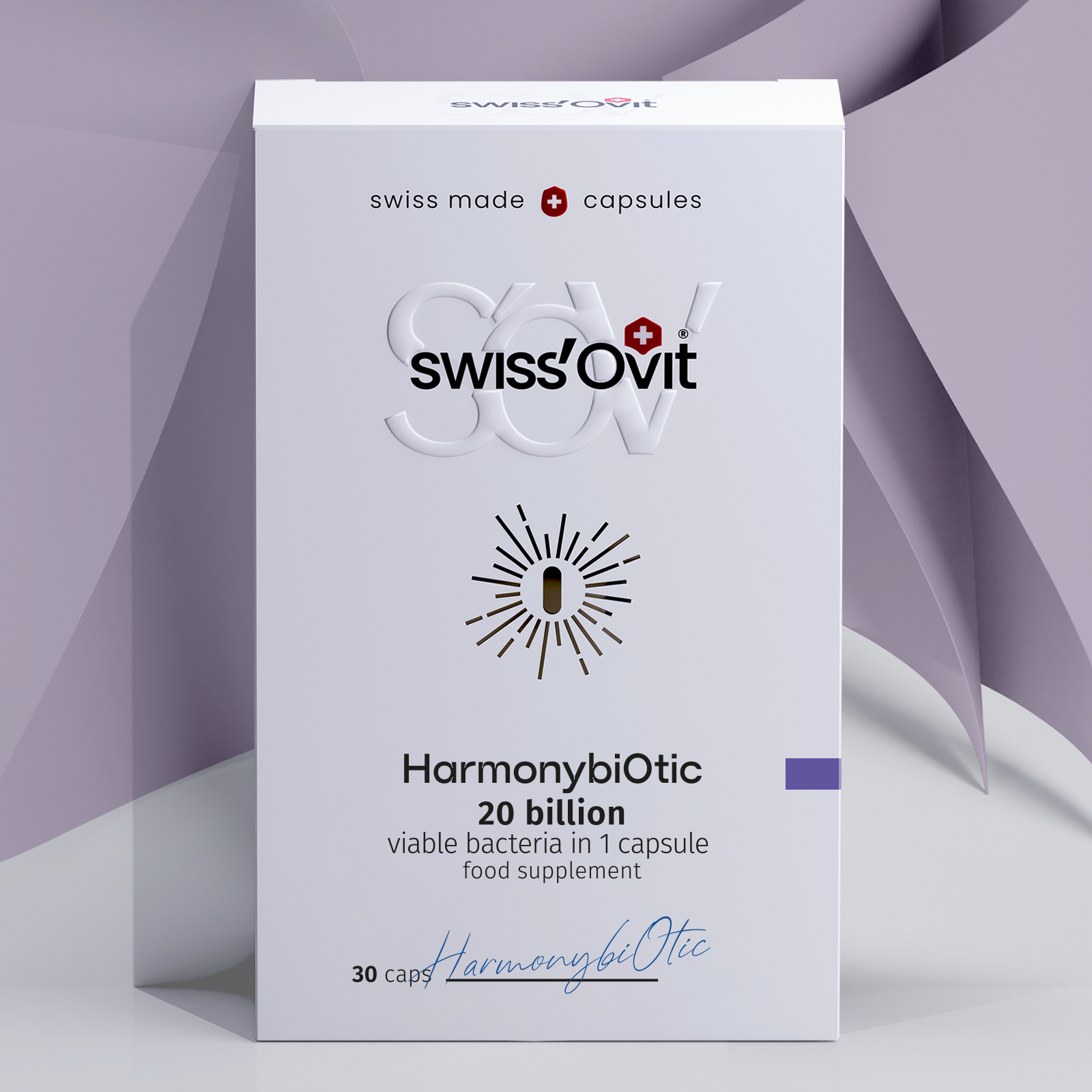 Front view of Swissovit Harmonybiotics supplement box, highlighting digestive health support with premium probiotics.