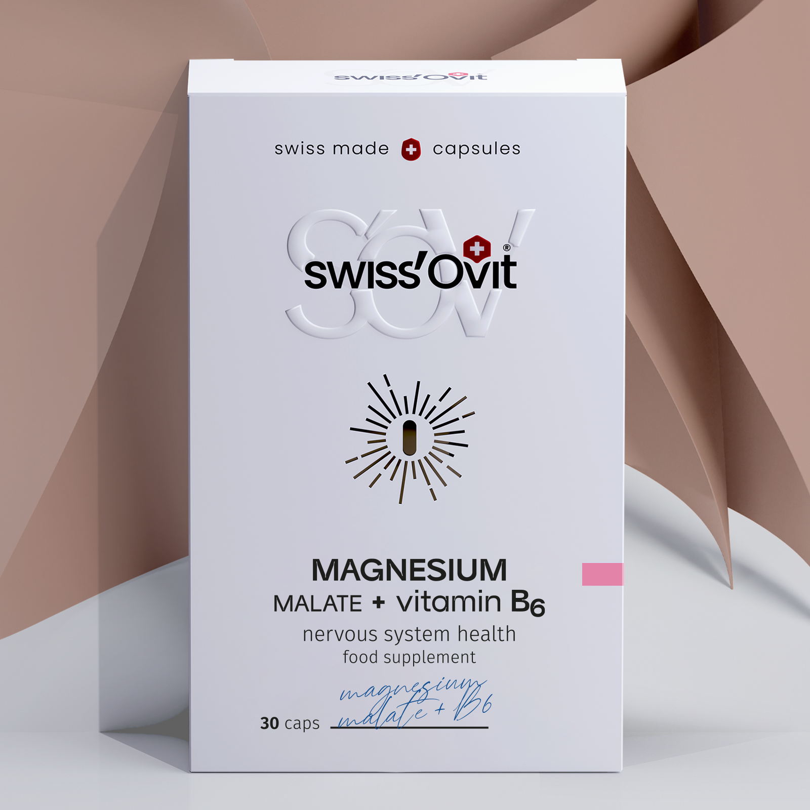 Front of Swissovit Magnesium supplement box with ingredient information and benefits for the nervous system.