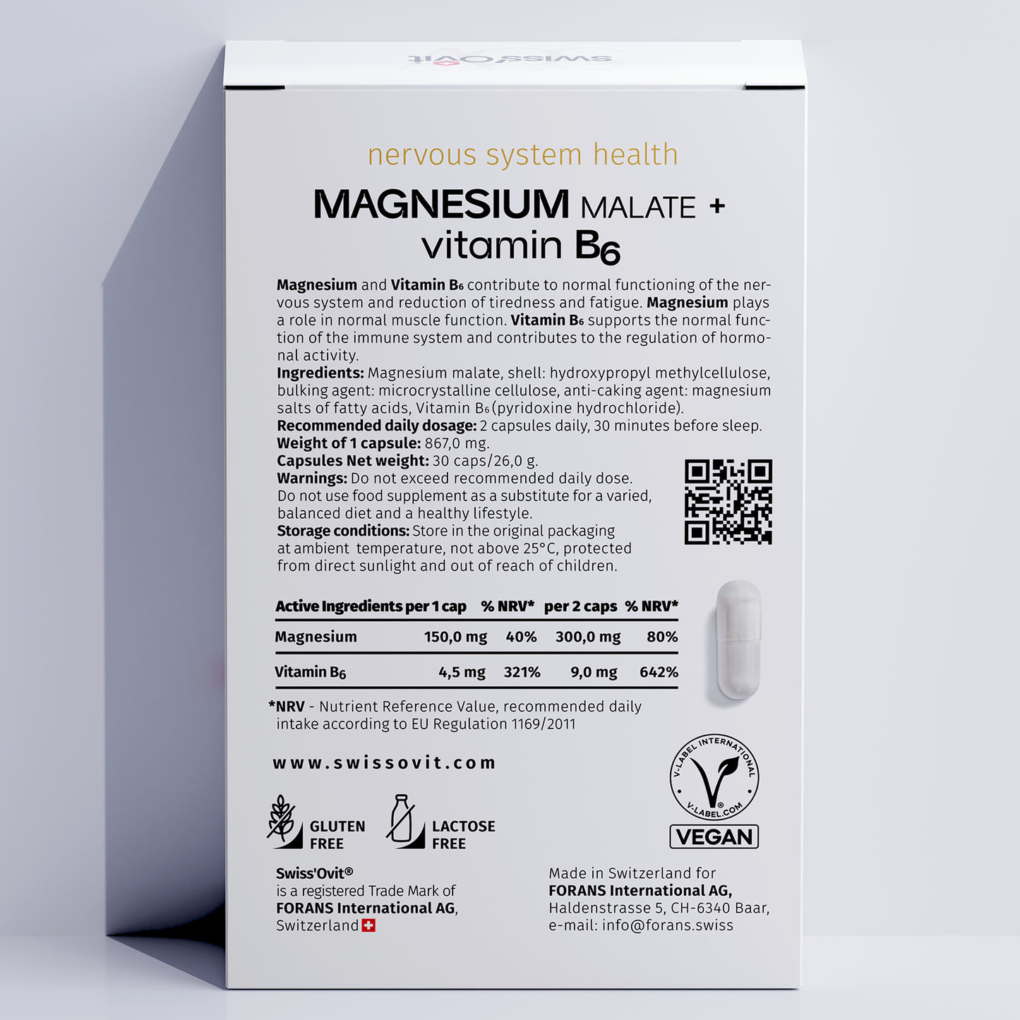 Back of Swissovit Magnesium supplement box with ingredient information and benefits for the nervous system.