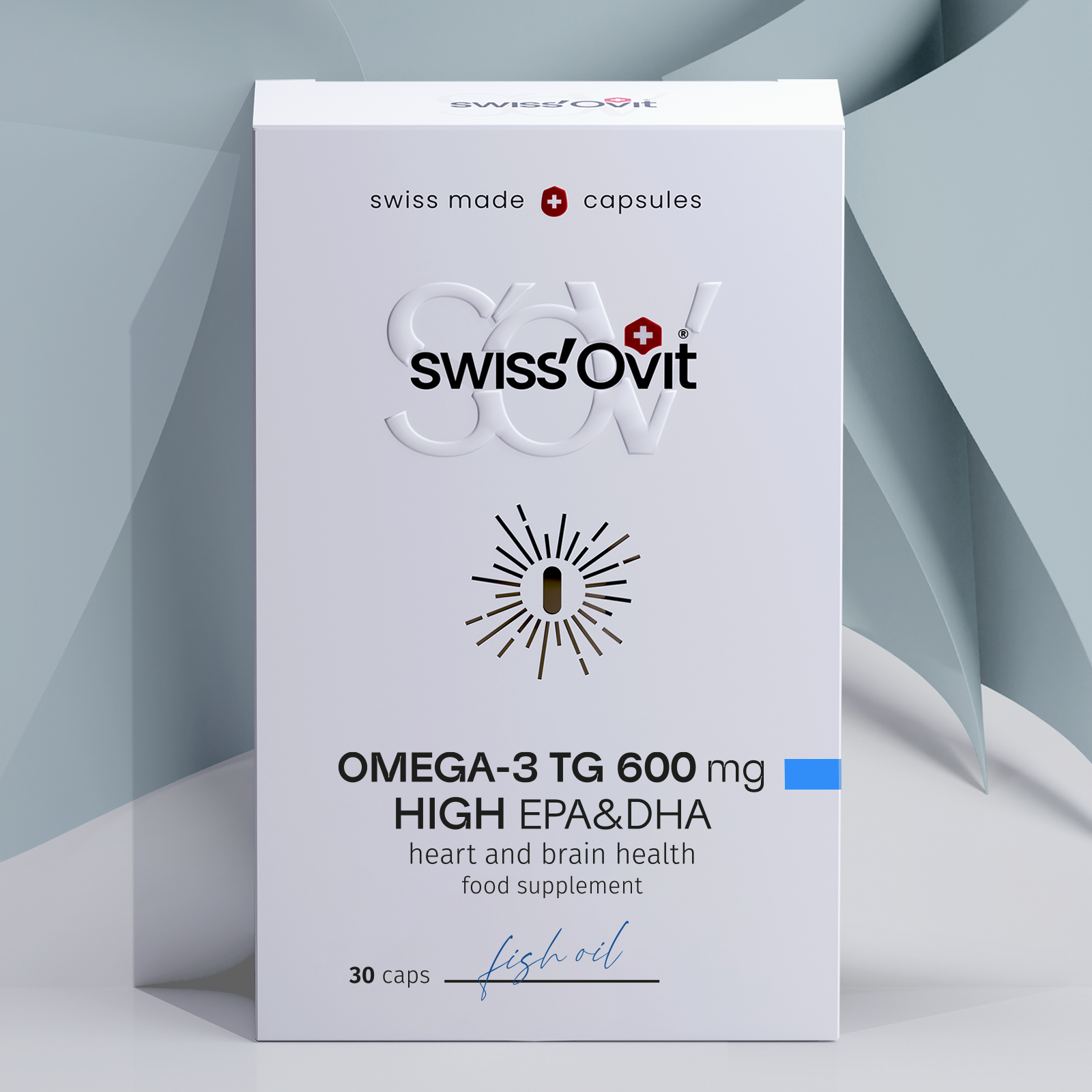 Front of Swissovit Omega-3 supplement box with ingredient details and benefits for heart and brain health.