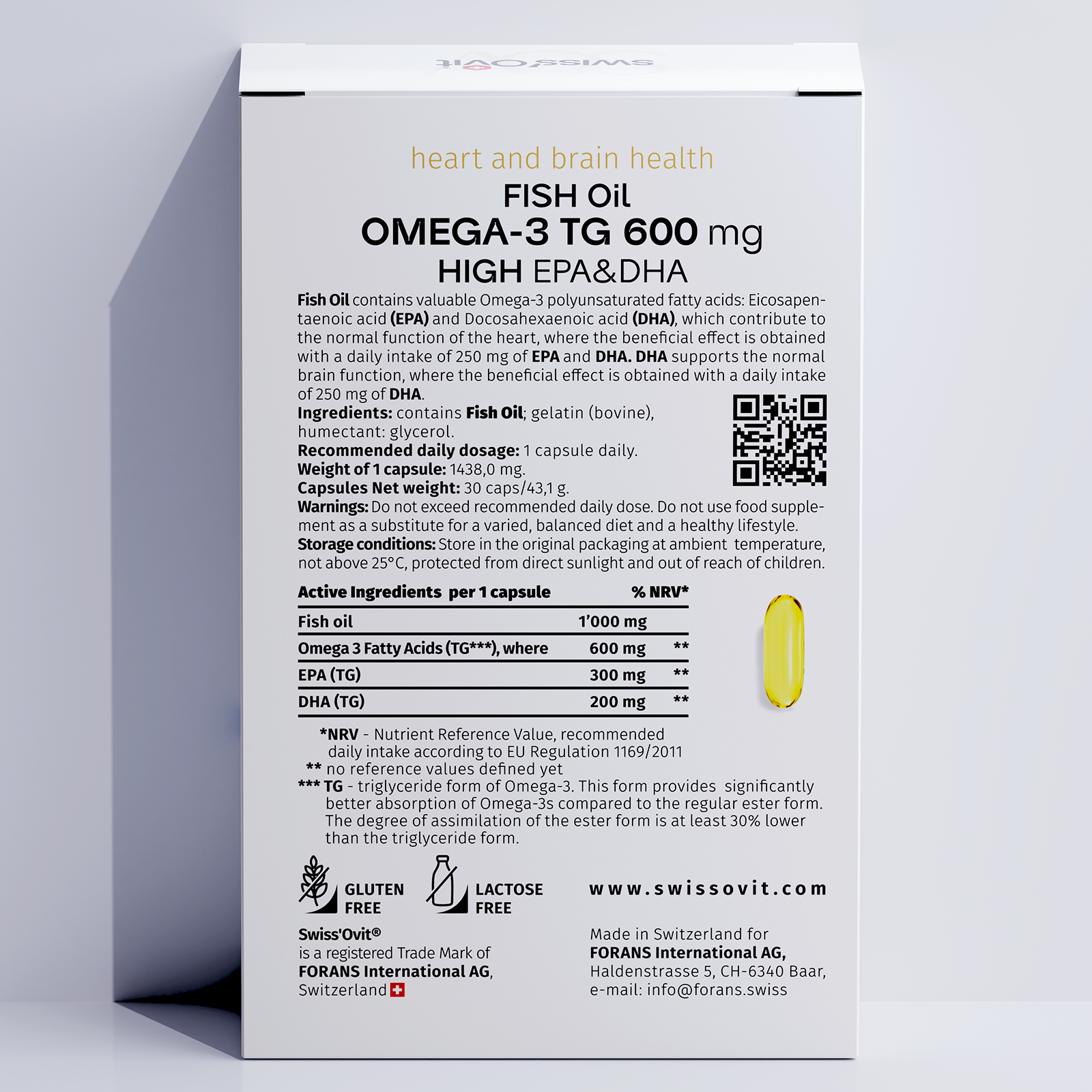 Back of Swissovit Omega-3 supplement box with ingredient details and benefits for heart and brain health.