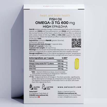 Back of Swissovit Omega-3 supplement box with ingredient details and benefits for heart and brain health.