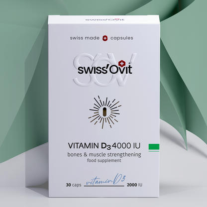 Front of Swissovit Vitamin D3 4000 IU supplement box with high-dose benefits for overall health.