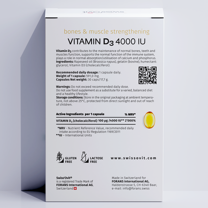 Back of Swissovit Vitamin D3 4000 IU supplement box with high-dose benefits for overall health.