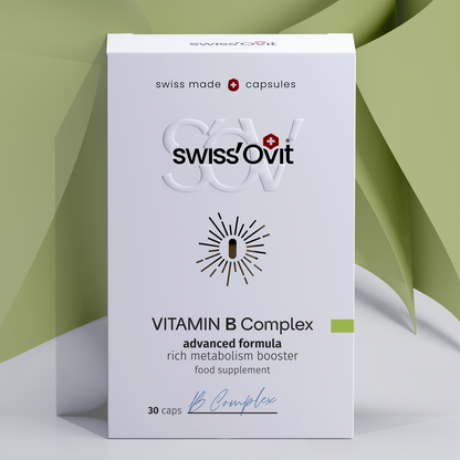 Front of Swissovit Vitamin B Complex supplement box detailing ingredients and energy support benefits.