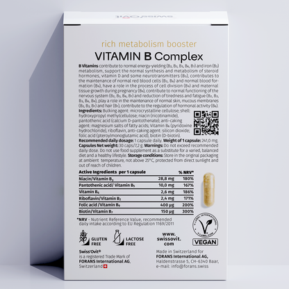 Back of Swissovit Vitamin B Complex supplement box detailing ingredients and energy support benefits.