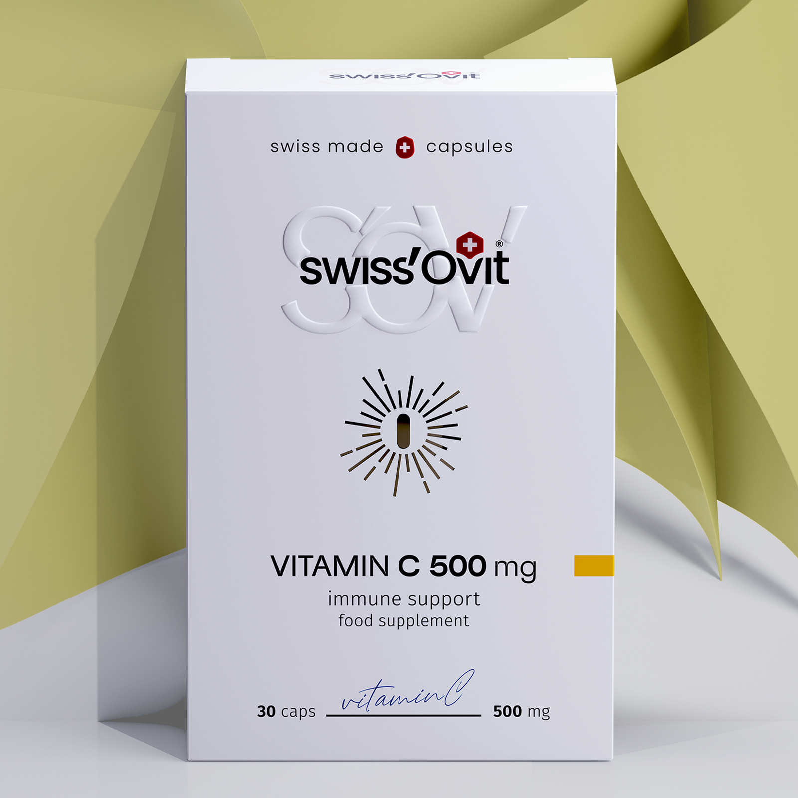 Front of Swissovit Vitamin C supplement box showing ingredients and antioxidant benefits.