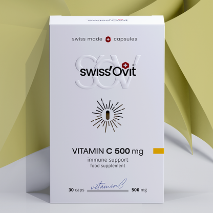 Front of Swissovit Vitamin C supplement box showing ingredients and antioxidant benefits.