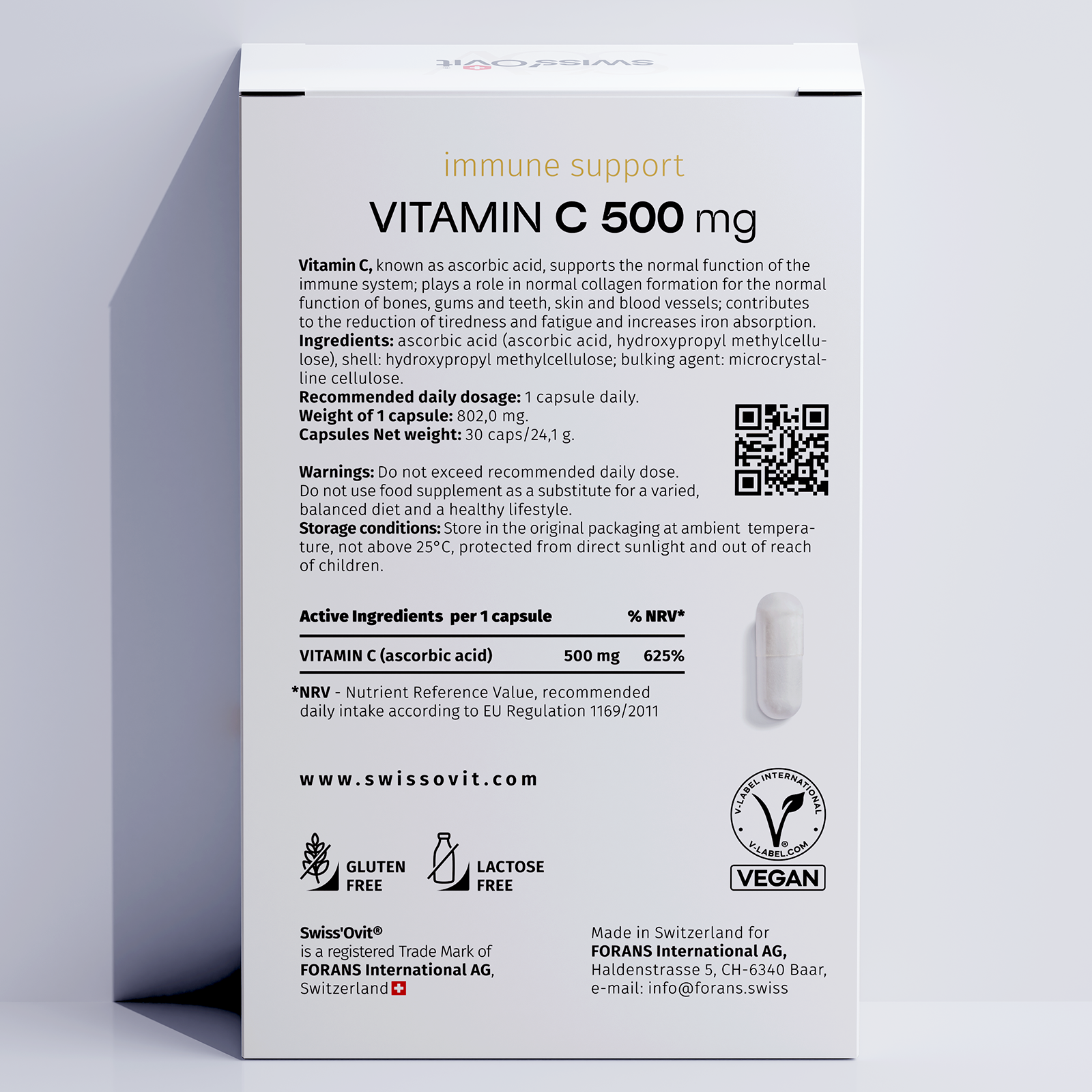 Back of Swissovit Vitamin C supplement box showing ingredients and antioxidant benefits.