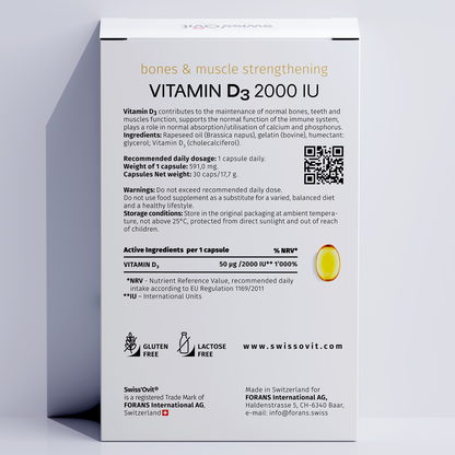 Back of Swissovit Vitamin D3 2000 IU supplement box highlighting bone and immune health benefits.