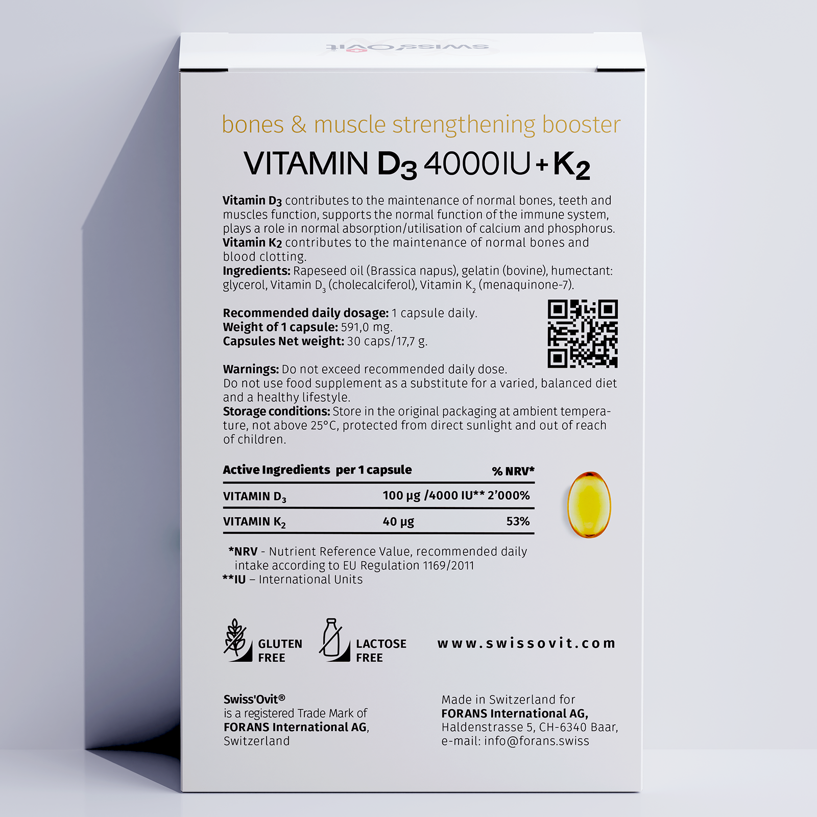 Back of Swissovit Vitamin D3 + K2 supplement box showing combined benefits for bones and cardiovascular health.